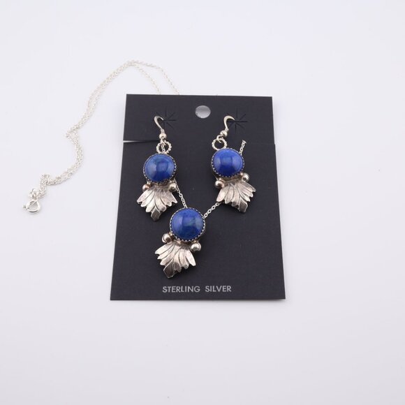 Handcrafted Zuni Lapis Lazuli Necklace and Earrings Set Sterling Silver Jewelry - Picture 9 of 12